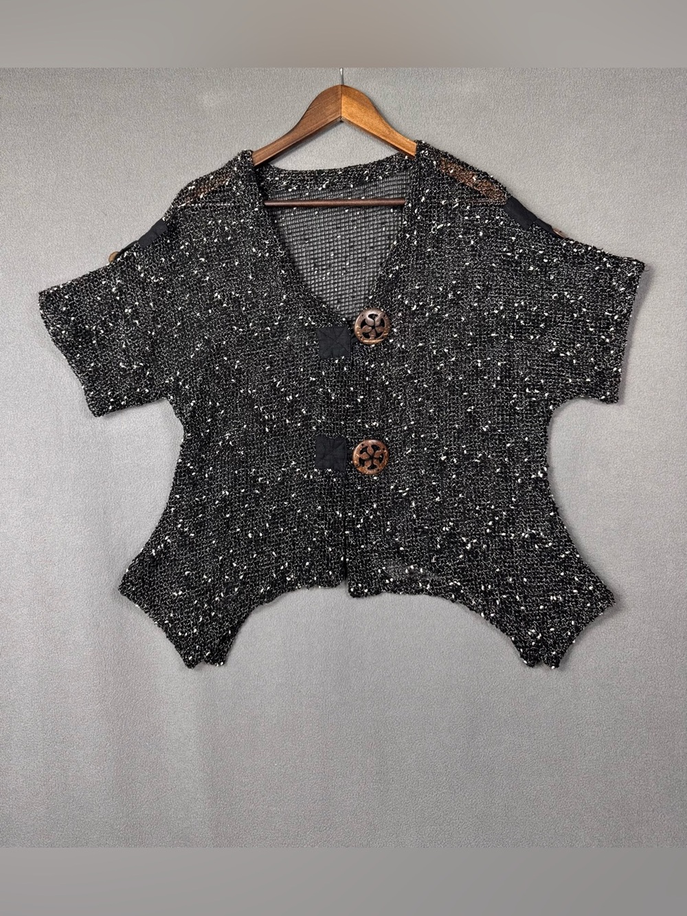 Vintage Boho Black Mesh Tweed Short Sleeve Button Cardigan w/ Wood Buttons, M